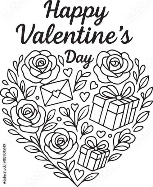 Fototapeta Hand-drawn doodle vector illustration of a heart-shaped wreath made of roses, love letters and small hearts in simple black and white line art, perfect for Valentine’s Day, romantic designs and colori