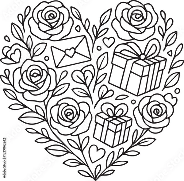 Fototapeta Hand-drawn doodle vector illustration of a heart-shaped wreath made of roses, love letters and small hearts in simple black and white line art, perfect for Valentine’s Day, romantic designs and colori