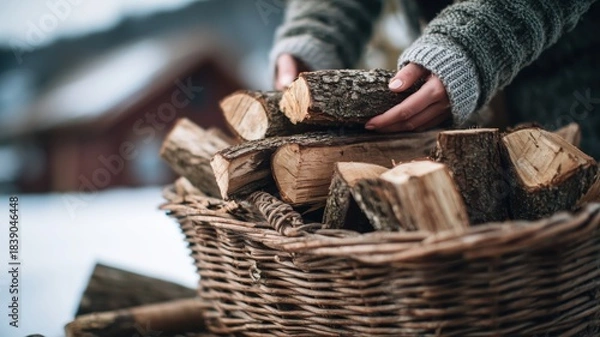 Fototapeta Hands arranging firewood in wicker basket on snowy winter background — ideal for firewood delivery, home heating and seasonal preparation content.