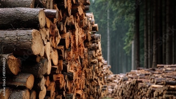 Fototapeta Stacked firewood logs in forest background — ideal for firewood delivery, home heating and seasonal preparation content.