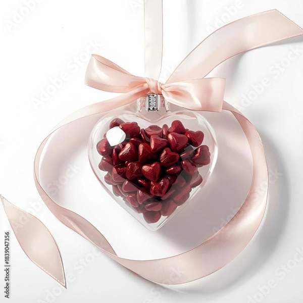 Fototapeta Transparent hanging heart ornament filled with tiny red hearts.