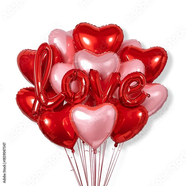 Fototapeta Cluster of shiny red and pink foil balloons, festive romantic arrangement.