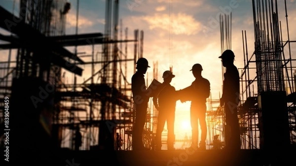 Obraz Silhouetted construction workers shake hands at sunset, symbolizing teamwork and progress in building projects.