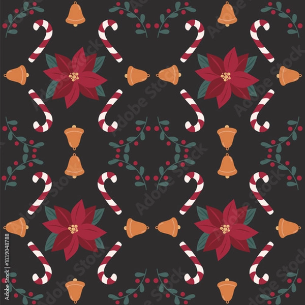 Fototapeta cute hand drawn christmas holiday season seamless vector pattern background vintage illustration with red poinsettia flowers, golden bells, mistletoe branches and candy cane