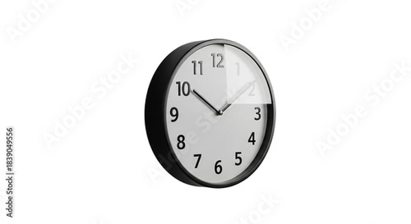 Fototapeta Minimalist black and white analog wall clock with clear numbers against a stark emphasizing time passing on transparent background