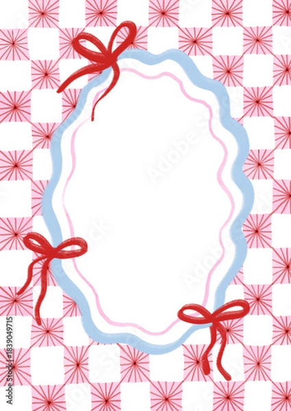 Fototapeta Oval frame with bows on a checkered pattern