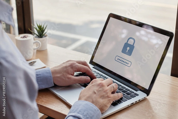 Obraz data protection concept, user typing password, internet security or cybersecurity