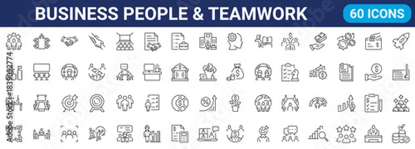 Fototapeta Business people and Teamwork line web icons set. Businessman, human resources, work group, meeting, partnership, success.