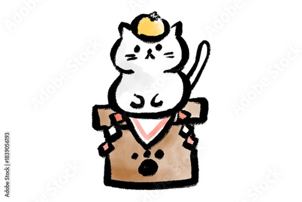 Obraz 鏡餅と猫のかわいい正月イラスト