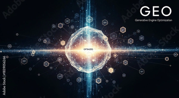 Fototapeta Optimized Generative Engine Technology Concept with Glowing Sphere and Hexagonal Network Elements