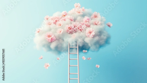 Fototapeta Positive thinking mind, creating an optimistic future of success and opportunity, climbing up a ladder to reach a cloud of flowers