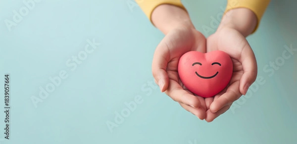 Fototapeta Valentine heart with a happy smiling face, mental health concept, positive thinking mind and attitude, support and self esteem, love and emotion