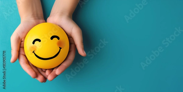 Fototapeta Happy smiling face, positive thinking and lifestyle concept, mental health, motivation,  support, goal for positivity in mind