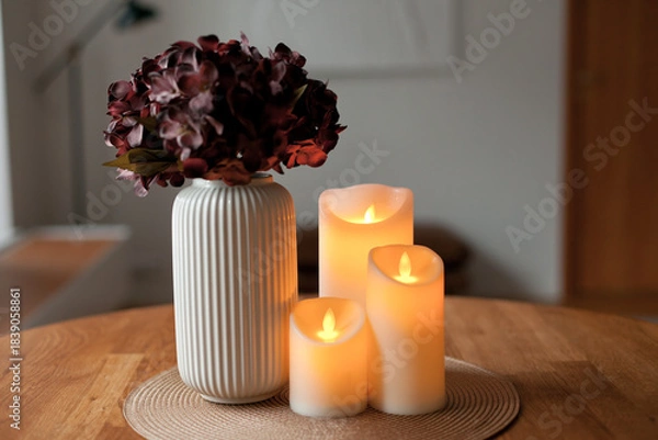 Obraz Cozy autumn home interior with warm candlelight and LED decor creating a calm hygge atmosphere