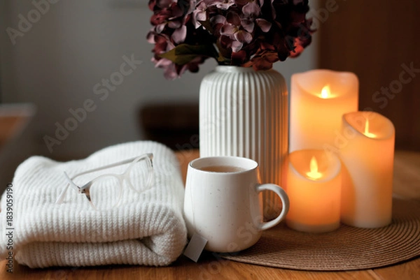 Obraz Cozy winter home interior with warm candlelight, wool sweater, hot tea and LED decor creating a calm hygge atmosphere