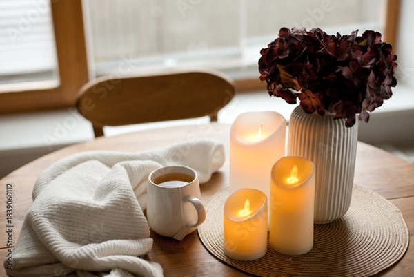 Obraz Cozy winter home interior with warm candlelight, wool sweater, hot tea and LED decor creating a calm hygge atmosphere