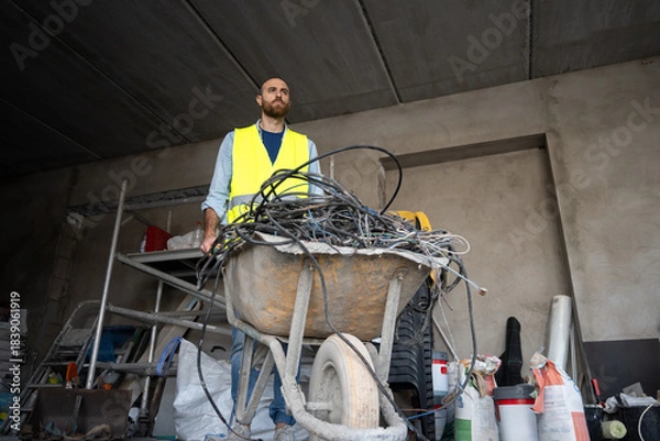 Obraz Construction worker transporting cables in a wheelbarrow
