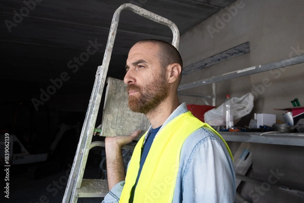Obraz Construction worker carrying a ladder inside a workshop