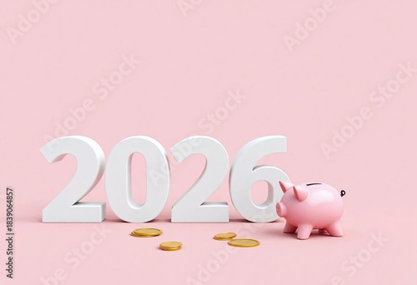 Fototapeta With white numbers 2026 beside a piggy bank and scattered coins on pink background. Symbolizing savings, finance planning and economic growth concept of banking, investment, business.