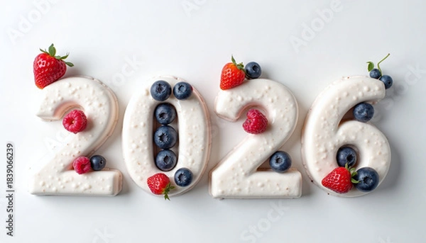 Fototapeta Numbers 2026 made from frozen yogurt topped with berries on white background. Representing healthy dessert and creative food. Concept of food, nutrition, lifestyle.