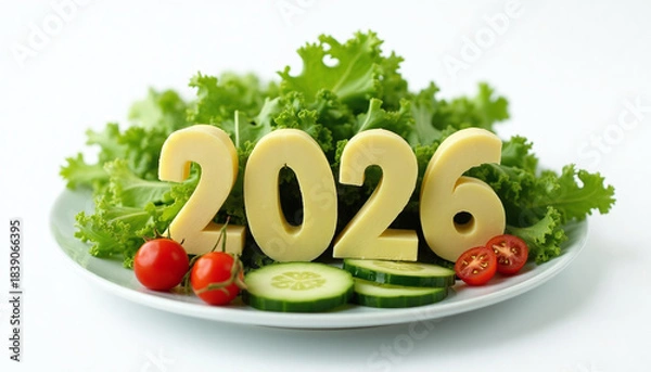 Fototapeta Numbers 2026 made from cheese on plate with fresh vegetables on white background. Representing healthy food and creative culinary concept of food, nutrition, lifestyle.