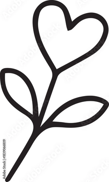Fototapeta Hand-drawn doodle vector illustration of a heart-shaped flower with a stem and leaves in simple black and white line art, perfect for Valentine’s Day, romantic designs, floral themes and coloring page