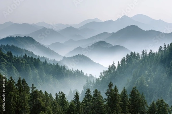 Fototapeta Clean, layered mountain ridges fading into soft, ethereal morning mist/fog, with green pine forests in the foreground, serene, volumetric light, cinematic, wide-angle,