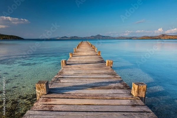 Fototapeta A clean, long wooden pier/jetty stretching over calm, shallow, multi-colored water towards a bright horizon, travel destination, leading lines, vibrant color, cinematic l