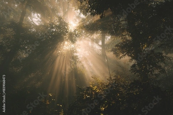 Fototapeta Sunrise peaking through thick morning mist in a dense forest, soft golden glow, ethereal beautiful light, photorealistic, cinematic, 8k,