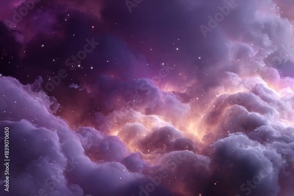 Fototapeta Ethereal Swirling Clouds with Glowing Lights in a Cosmic Purple Gradient Background
