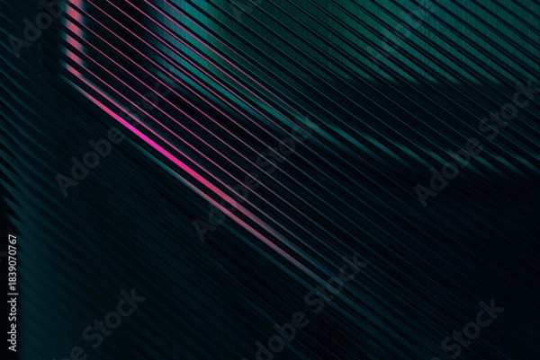 Fototapeta Abstract diagonal stripes with pink and teal gradient lighting on dark textured surface