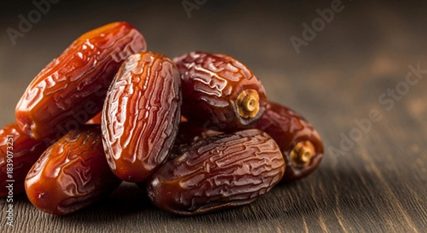 Fototapeta Pile of Ripe Dates on Wooden Surface.