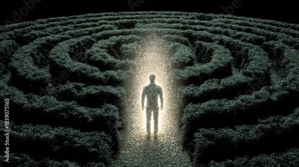 Obraz Man in maze light illuminates path individual navigates intricate maze light provides guidance