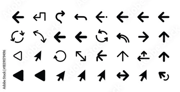 Obraz Collection of various black arrow icons pointing in different directions isolated on white background