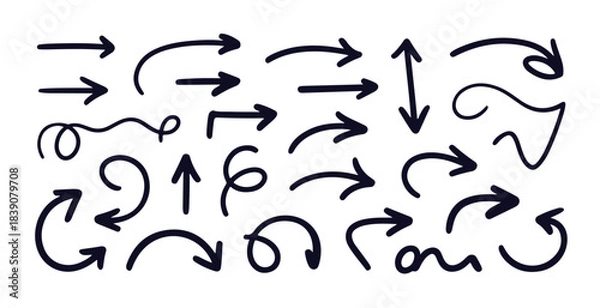 Obraz Set of black hand drawn arrows isolated on white background pointer direction sign doodle style