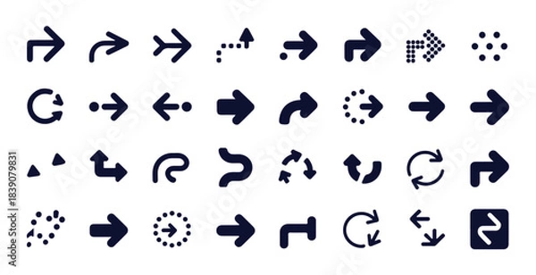 Obraz Set of black vector arrows isolated on white background, different shapes and directions, collection of signs