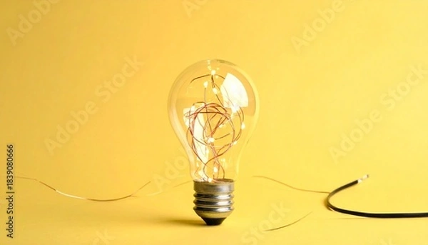 Fototapeta Glowing LED String Light Bulb Hanging Against Solid Yellow Background