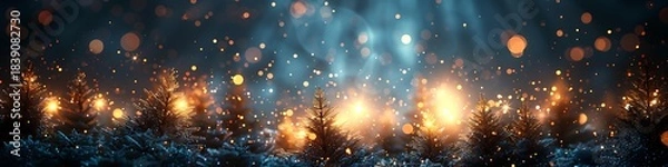 Obraz Panoramic Winter Forest Scene with Glowing Lights and Snowfall