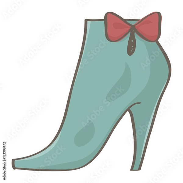 Fototapeta Fashionable stiletto female boot with stylish bow, vector drawing isolated on white background
