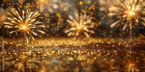 Obraz Panoramic Golden Glittering Fireworks Display With Bokeh Effect Background