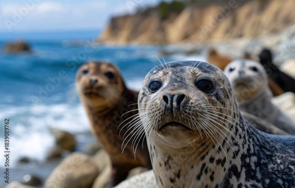 Fototapeta a group of sea lions huddled together on the beach, with one standing out in front and looking directly at the camera