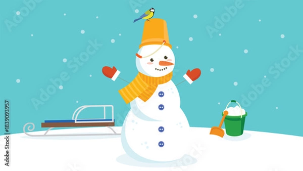 Fototapeta Snowman with a bird in a hat and scarf. Vector illustration.