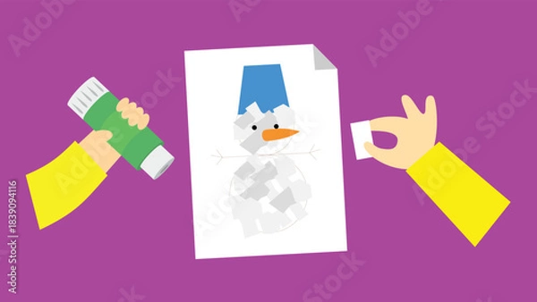 Fototapeta Illustration of a snowman on a paper with a hand holding a passport