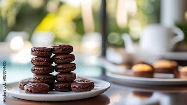 Obraz Chocolate covered biscuits in a cozy poolside cafe with a modern aesthetic