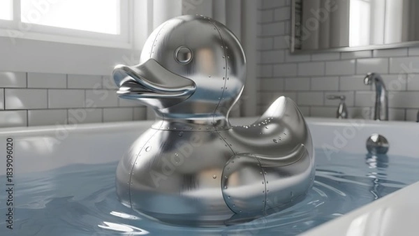 Fototapeta Silver rubber duck floats in a filled bathtub with running water