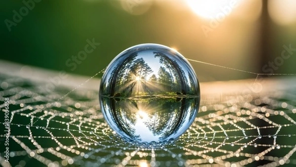 Fototapeta Water droplet reflecting a mountain landscape on a spiderweb in sunlight