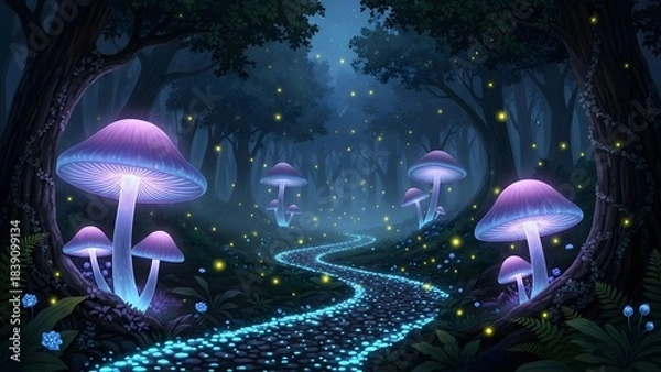 Fototapeta Enchanted forest path with glowing mushrooms and a winding blue stream