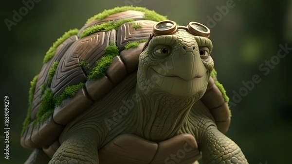 Fototapeta Fantasy creature with goggles and foliage covering its face in a forest