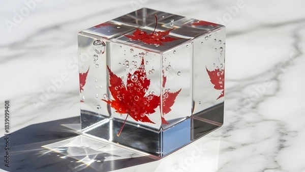 Fototapeta Abstract acrylic cube with vibrant red and blue colors on marble surface