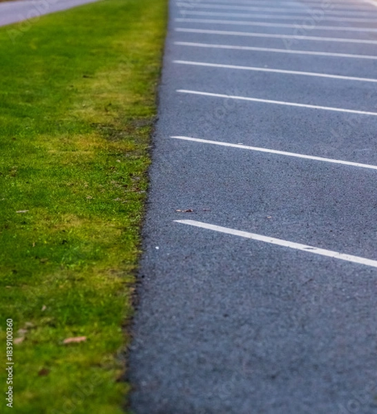Obraz empty parking spaces beside green lawn on overcast day.